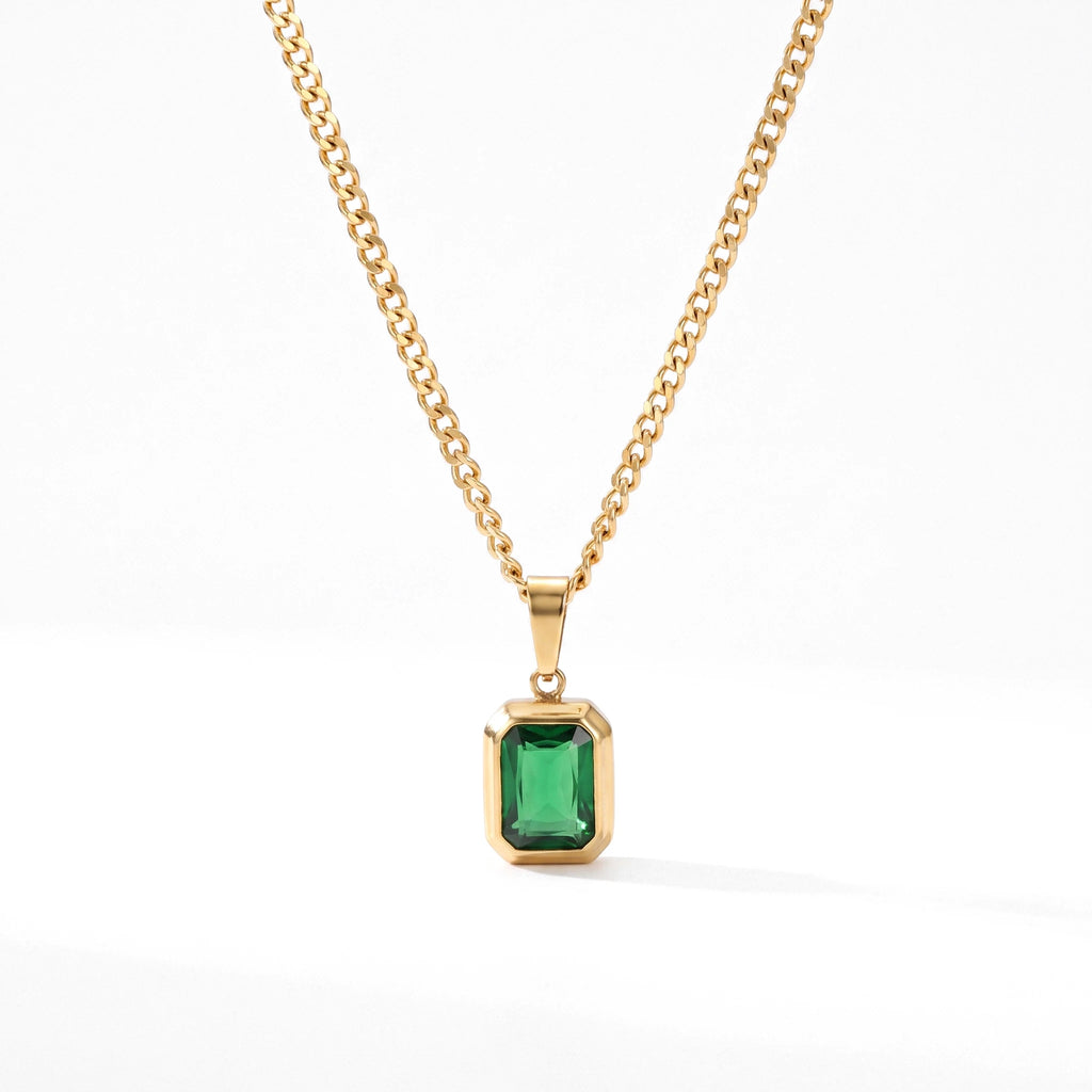 QIAOREN 14375 Emerald Cut Green Zirconia Rectangle Pendant Curb Chain Necklace, Stainless Steel Jewelry Gift