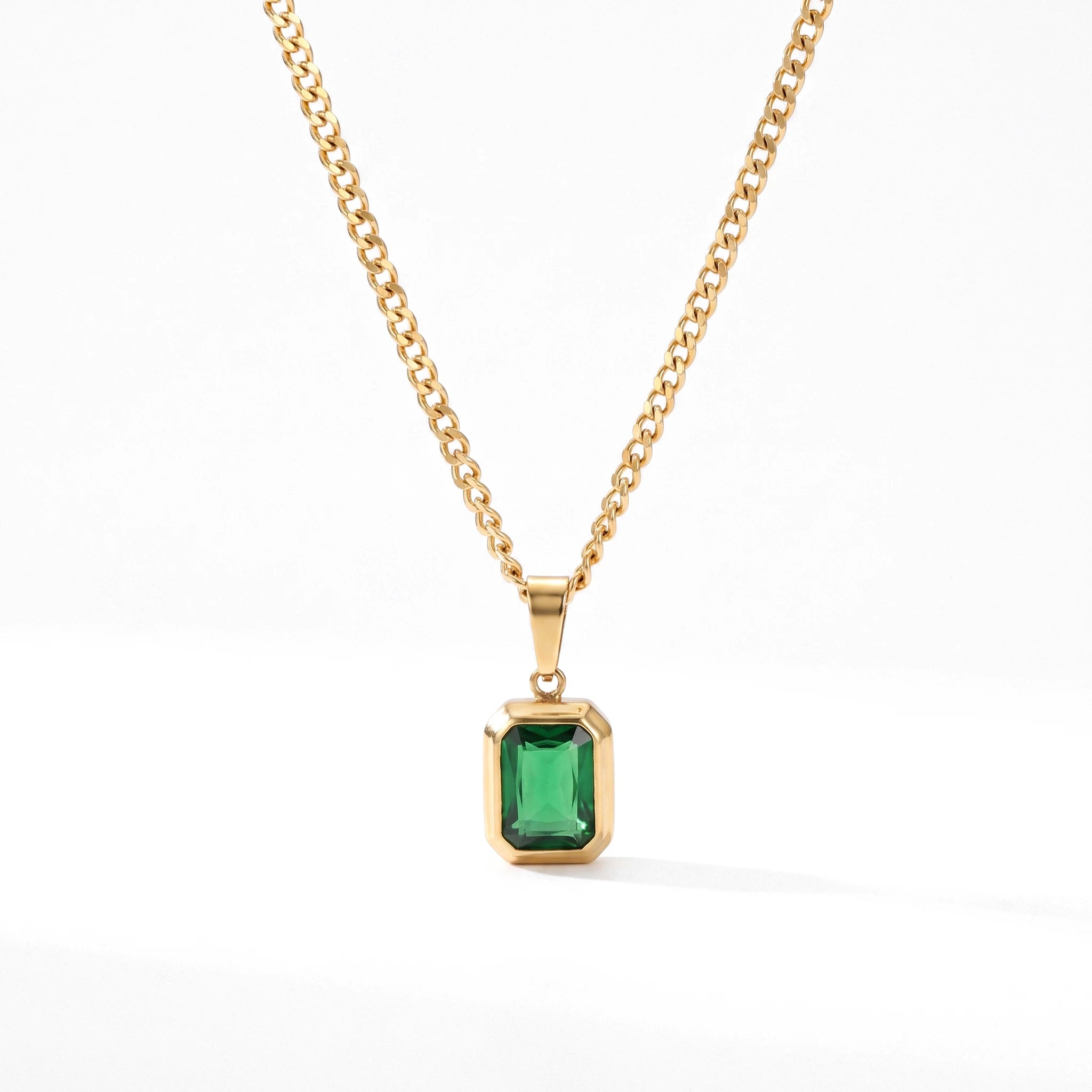 QIAOREN 14375 Emerald Cut Green Zirconia Rectangle Pendant Curb Chain Necklace, Stainless Steel Jewelry Gift