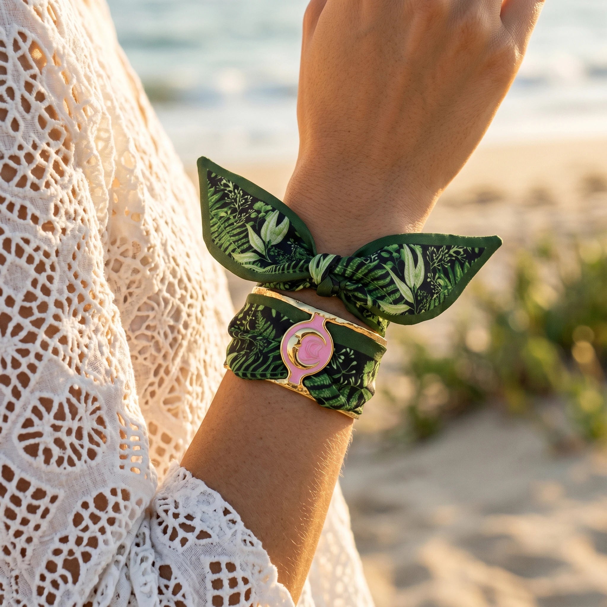QIAOREN 11005 Tropical Leaf Print Scarf Bracelet Gold Stainless Steel Adjustable Cuff Beach Vacation Jewelry for Women