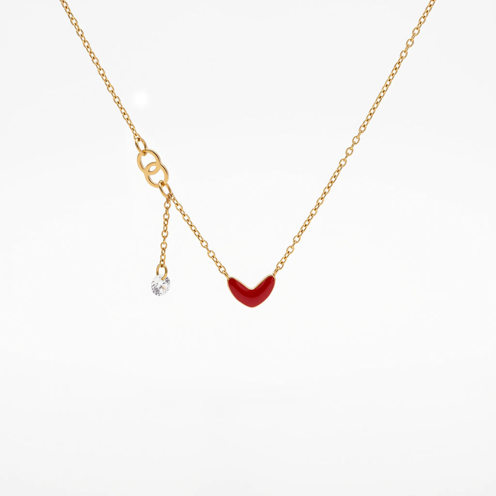 QIAOREN 13810 Thin Oval Link Chain Red Enamel Heart Pendant Necklace with Interlocking Double Circle & Zircon Drop