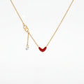 QIAOREN 13810 Thin Oval Link Chain Red Enamel Heart Pendant Necklace with Interlocking Double Circle & Zircon Drop