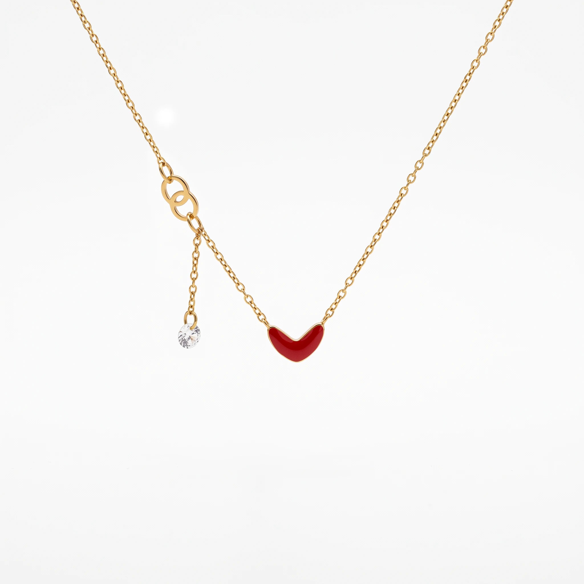 QIAOREN 13810 Thin Oval Link Chain Red Enamel Heart Pendant Necklace with Interlocking Double Circle & Zircon Drop
