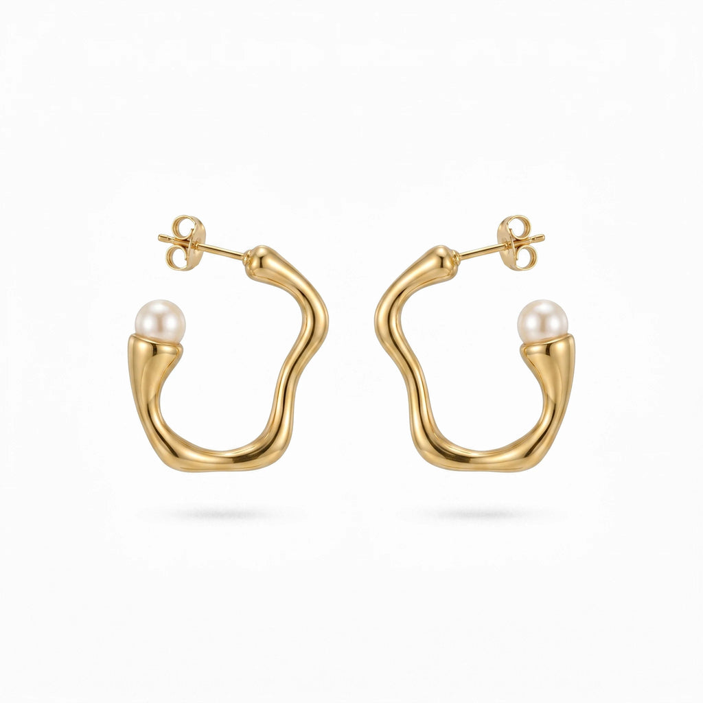 QIAOREN 12331 Elegant Quiet Luxury Irregular Molten Pearl Hoop Earrings Gold Stainless Steel Fluid C-Shaped Statement Studs Gift