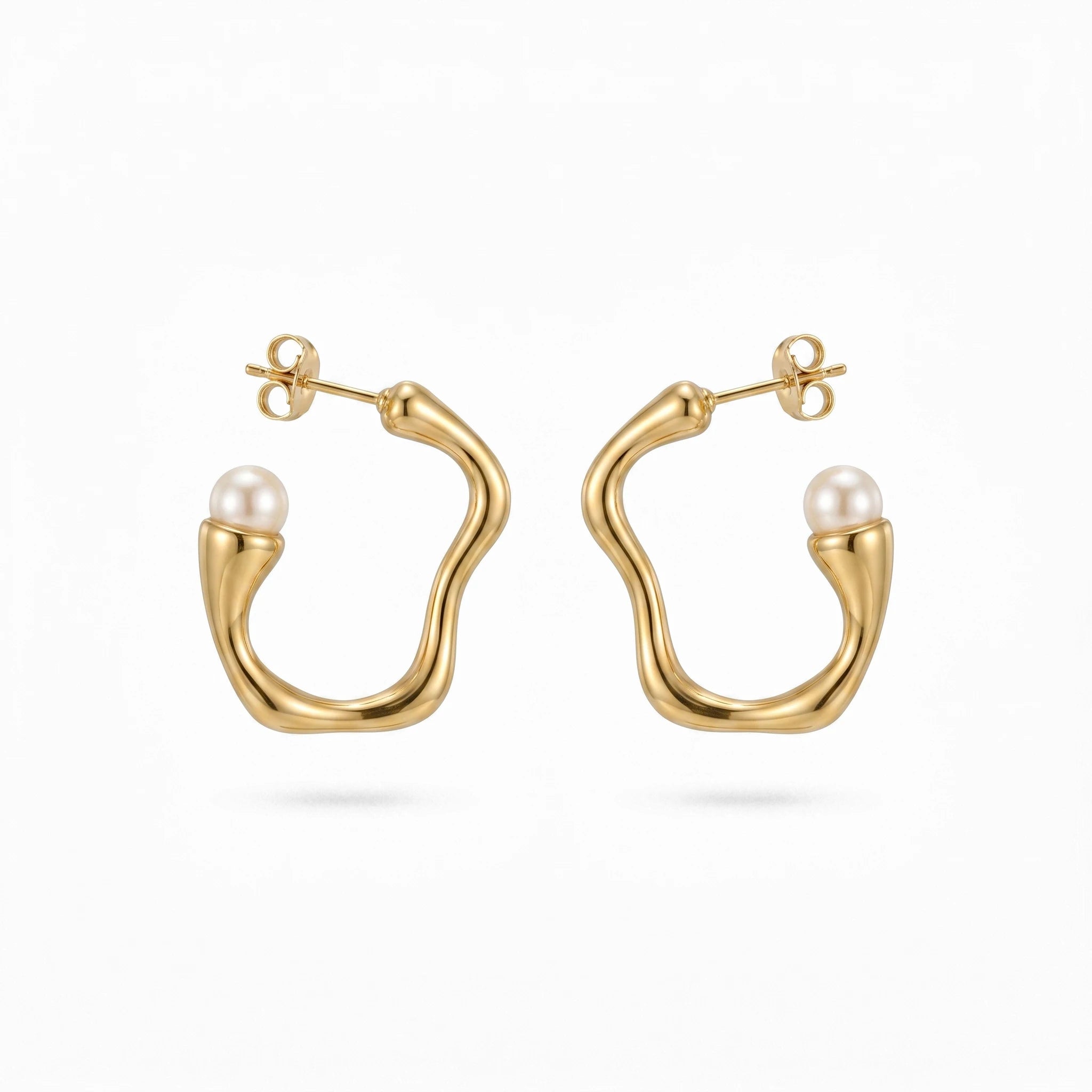 QIAOREN 12331 Elegant Quiet Luxury Irregular Molten Pearl Hoop Earrings Gold Stainless Steel Fluid C-Shaped Statement Studs Gift