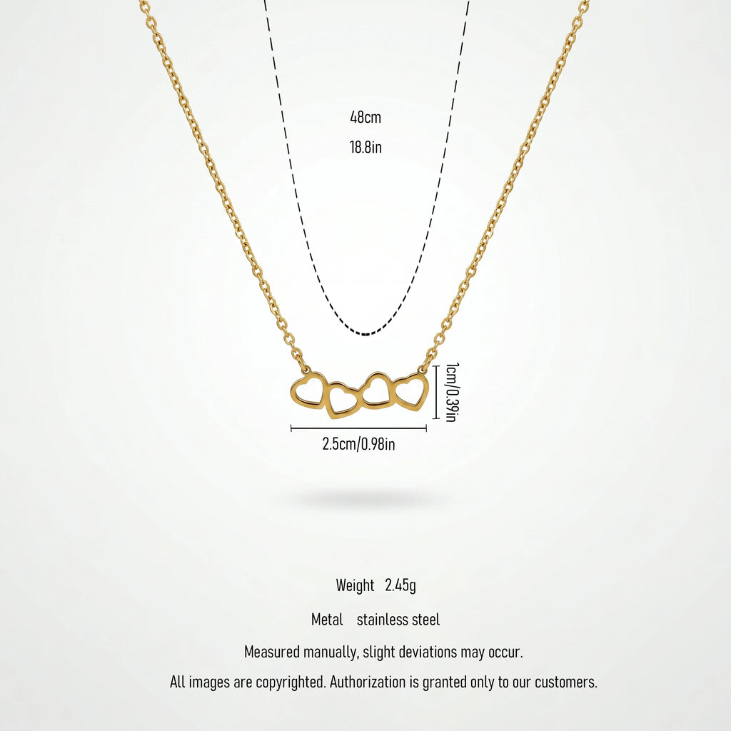 QIAOREN 11940 Trendy Four Linked Heart Necklace Stainless Steel 18K Gold Plated Dainty Interlocking Love Jewelry for Women US EU