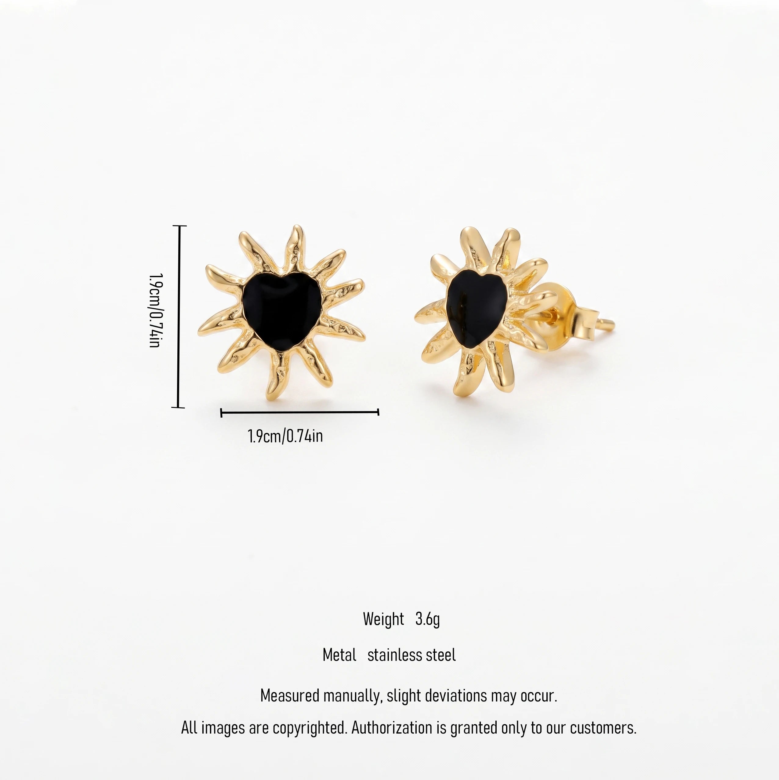 QIAOREN 14035 Matte Gold Sunburst Heart Stud Earrings, Irregular Spike Sun Shape With Black Enamel Heart Center