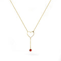 QIAOREN 11818 Waterproof Hollow Heart Lariat Necklace 18K Gold Stainless Steel Red CZ Drop Beach-Ready Summer Vacation Jewelry