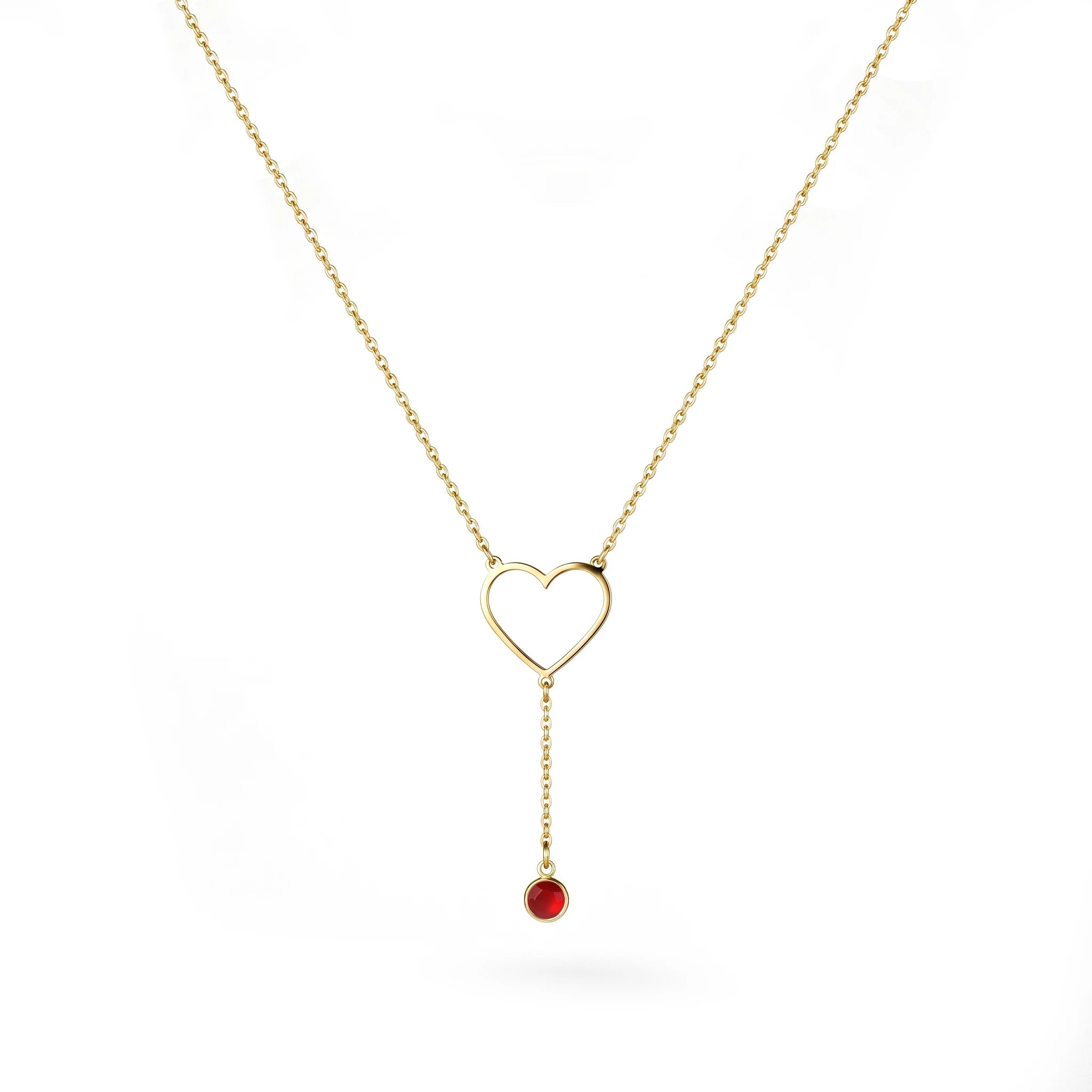 QIAOREN 11818 Waterproof Hollow Heart Lariat Necklace 18K Gold Stainless Steel Red CZ Drop Beach-Ready Summer Vacation Jewelry