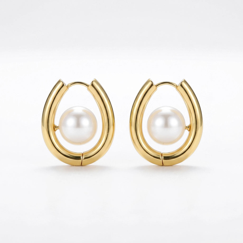 QIAOREN 12531 Modern Pearl U Hoop Earrings Gold Stainless Steel Centered Pearl Bold Horseshoe Hoops Women US EU