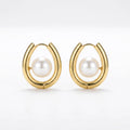 QIAOREN 12531 Modern Pearl U Hoop Earrings Gold Stainless Steel Centered Pearl Bold Horseshoe Hoops Women US EU