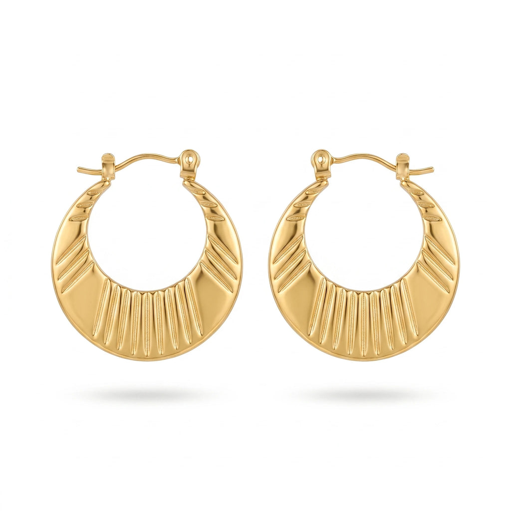 QIAOREN 12536 Elegant Quiet Luxury French Retro Ribbed Hoops Gold Stainless Steel Large Puffy Crescent Jewelry EU