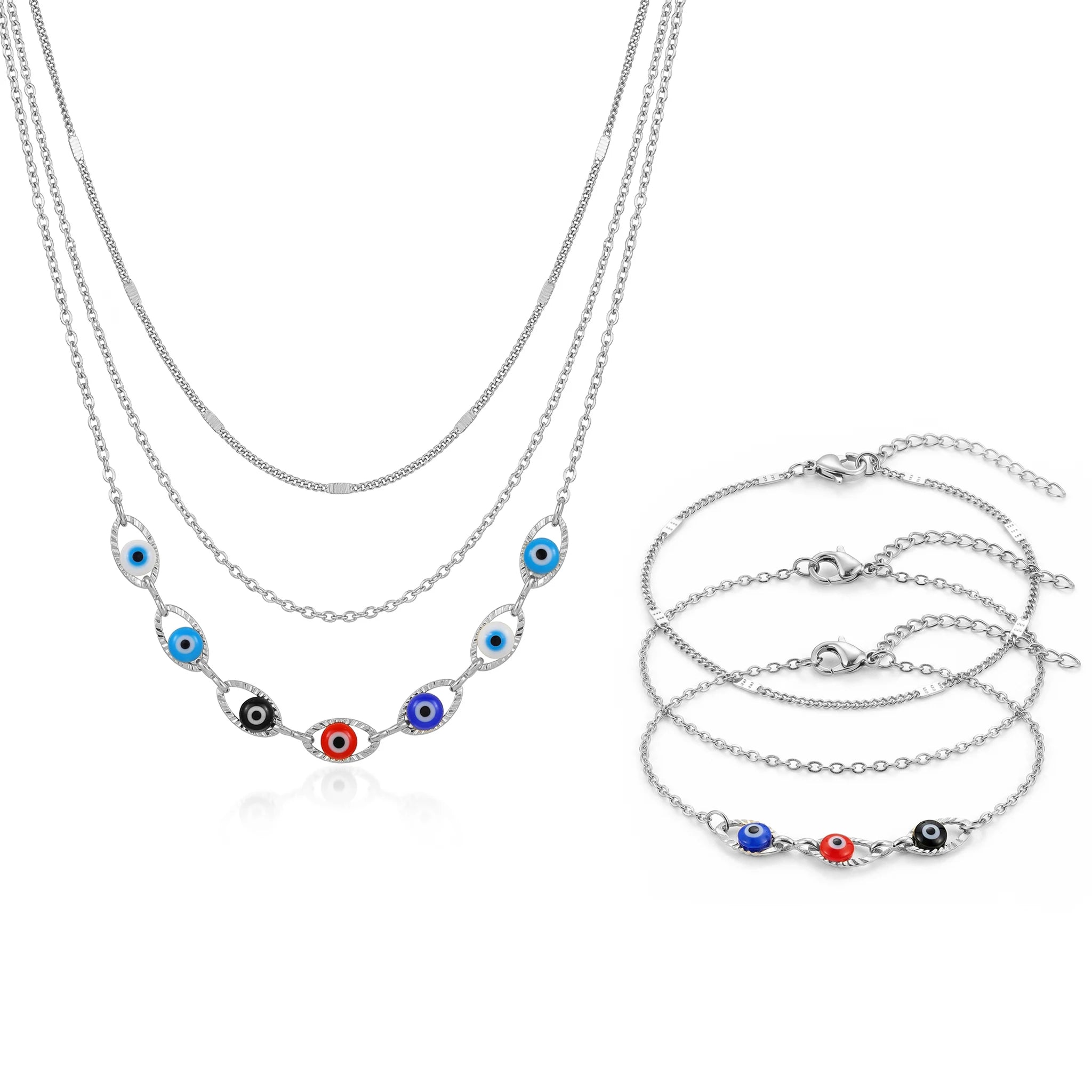 QIAOREN 11647 Boho Colorful Eye Jewelry Set 18K Gold Stainless Steel 3 Layered Necklace Bracelet Beach Vacation
