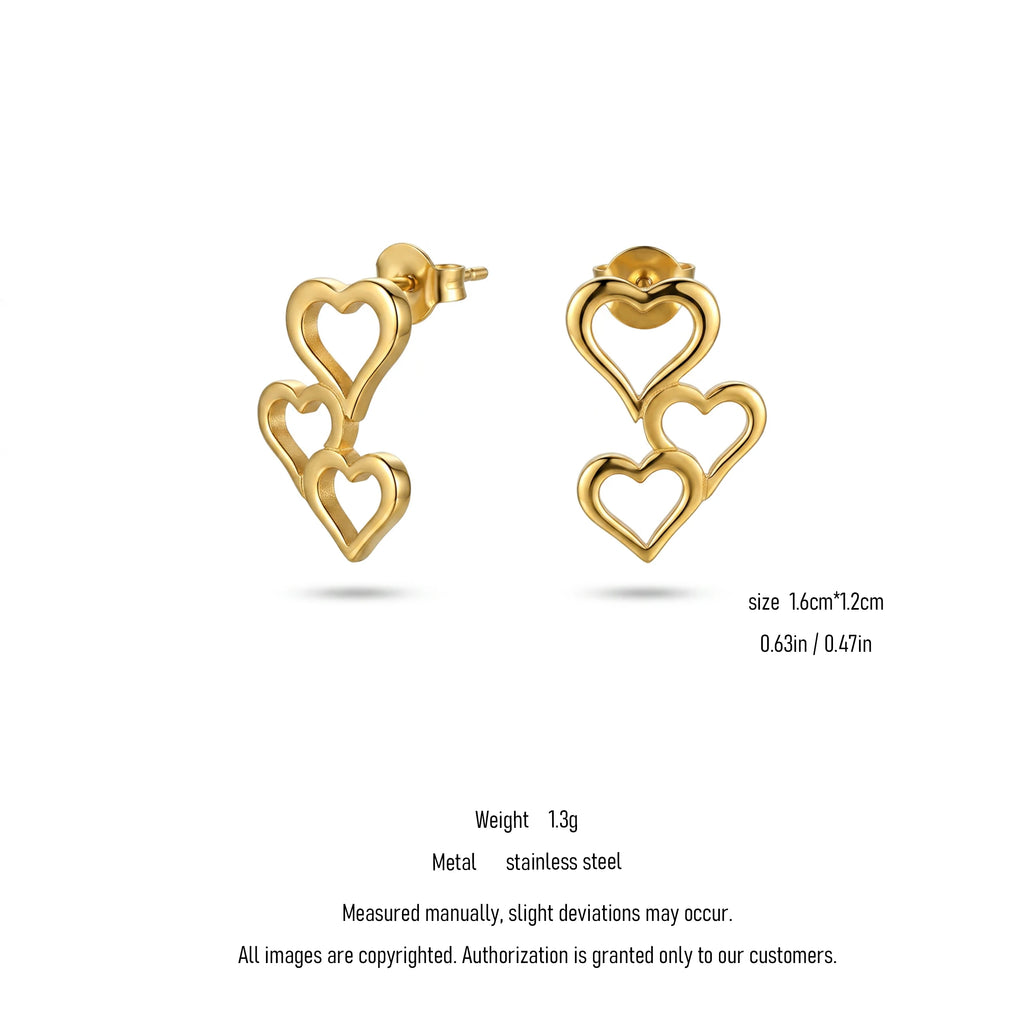 QIAOREN 10741 Slim Linked Heart Design Ear Studs, Rustproof Stainless Steel Fashion Fine Jewellery for Daily Dating Party Wear