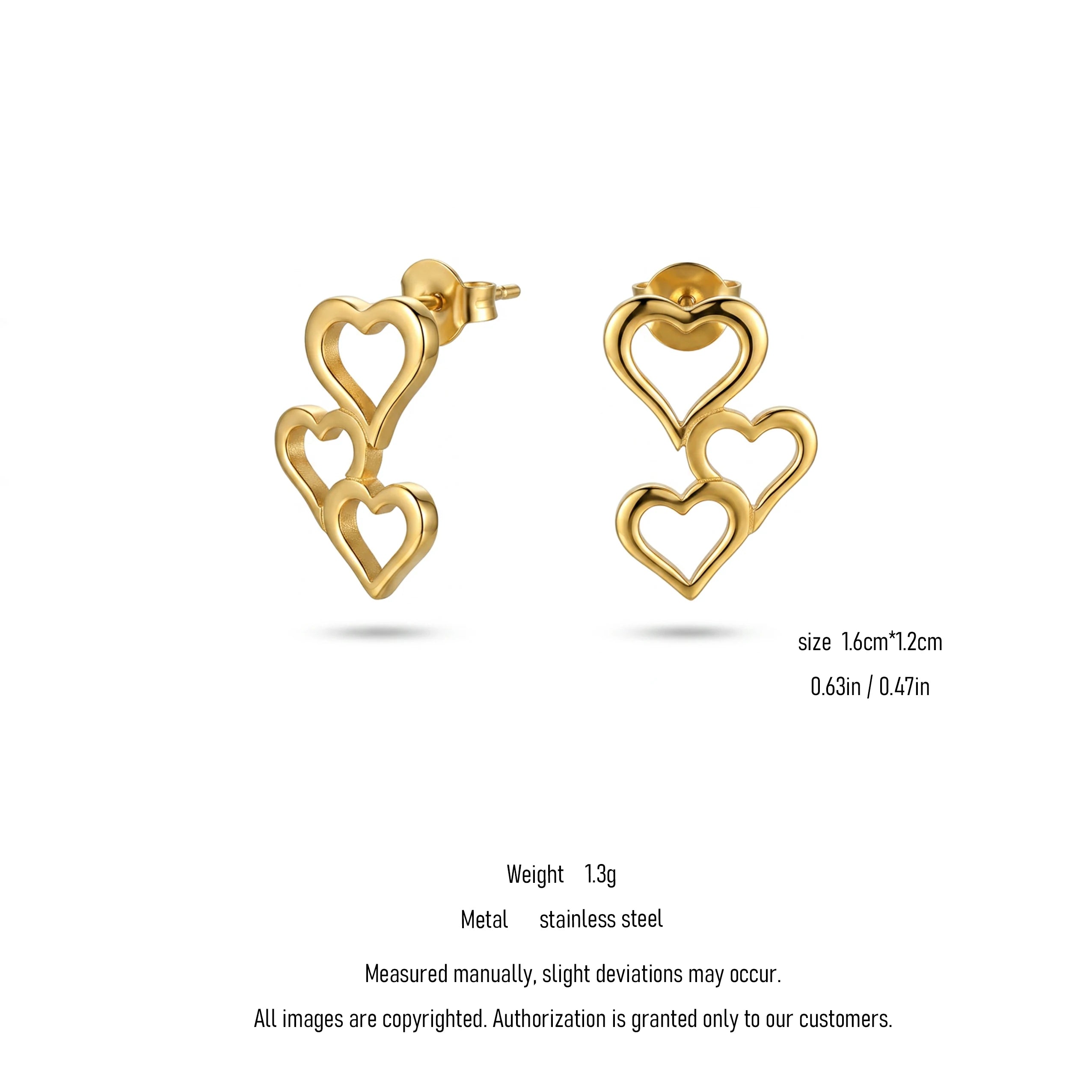 QIAOREN 10741 Slim Linked Heart Design Ear Studs, Rustproof Stainless Steel Fashion Fine Jewellery for Daily Dating Party Wear