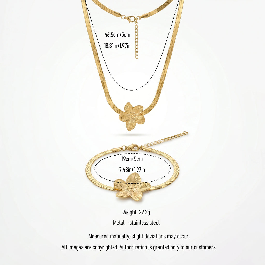 QIAOREN 11501 Elegant Tropical Flower Herringbone Jewelry Set 18K Gold Plated Stainless Steel Tarnish Free