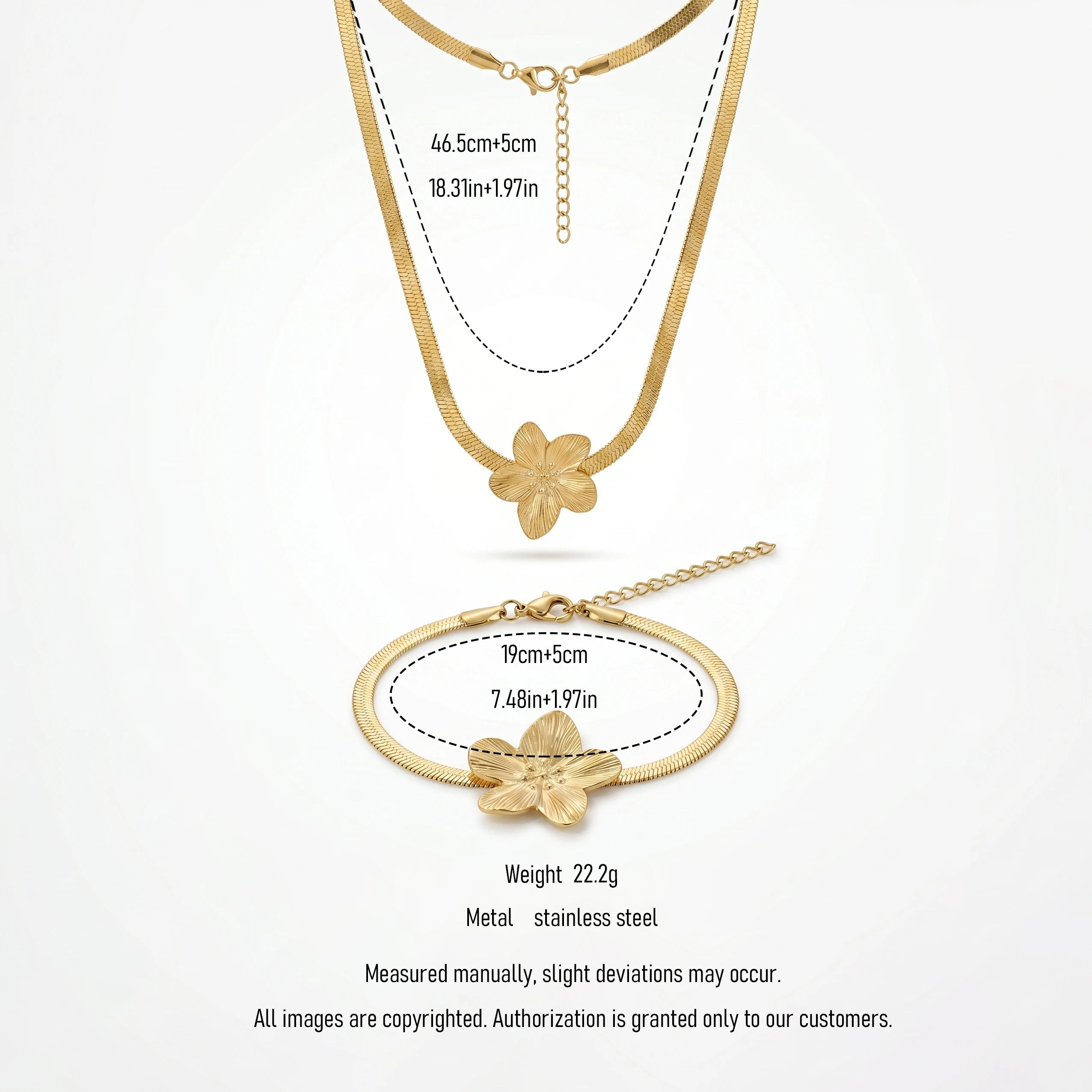 QIAOREN 11501 Elegant Tropical Flower Herringbone Jewelry Set 18K Gold Plated Stainless Steel Tarnish Free