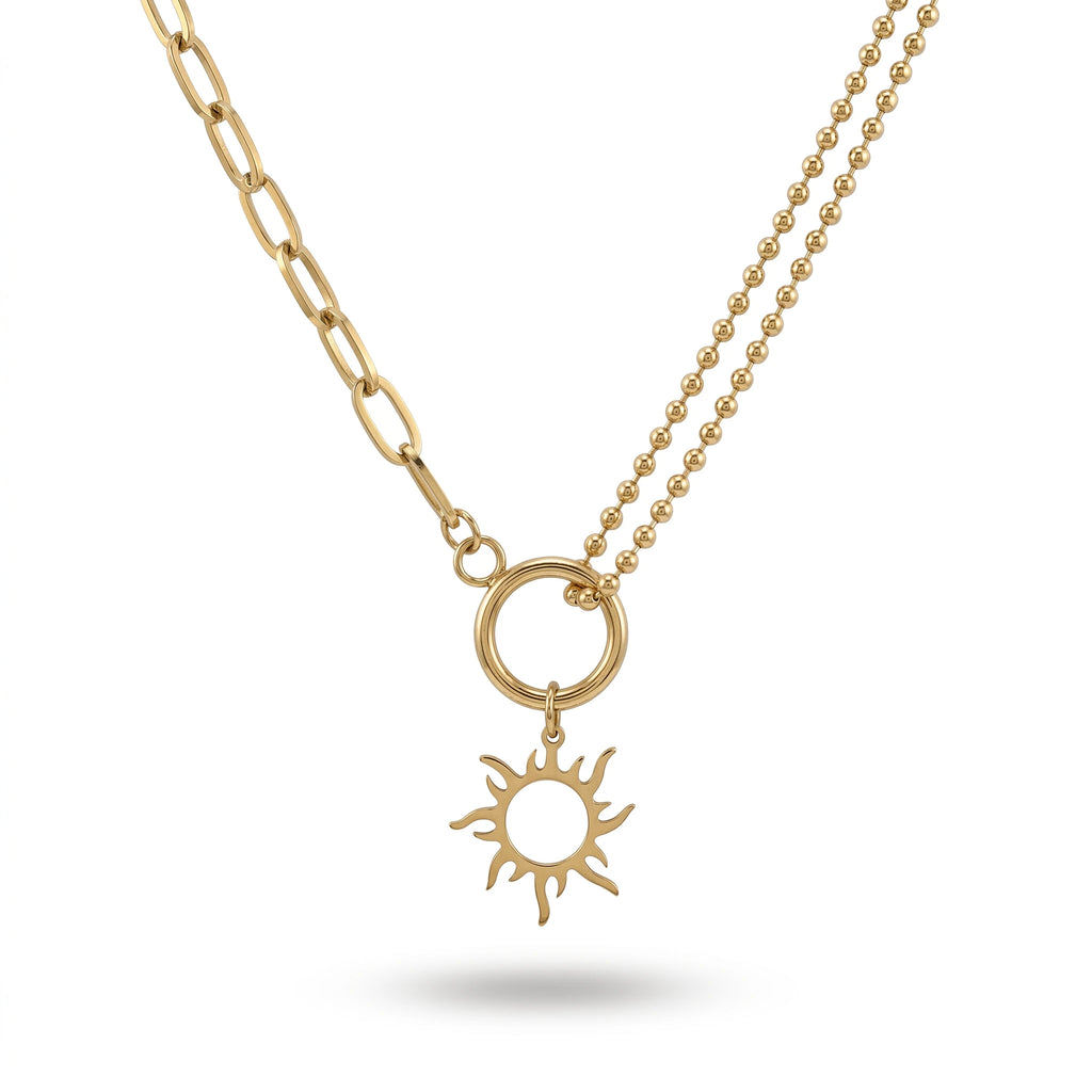 QIAOREN 11349 Trendy Dainty Boho Sun Pendant Layered Necklace 18K Gold Plated Stainless Steel Party Jewelry
