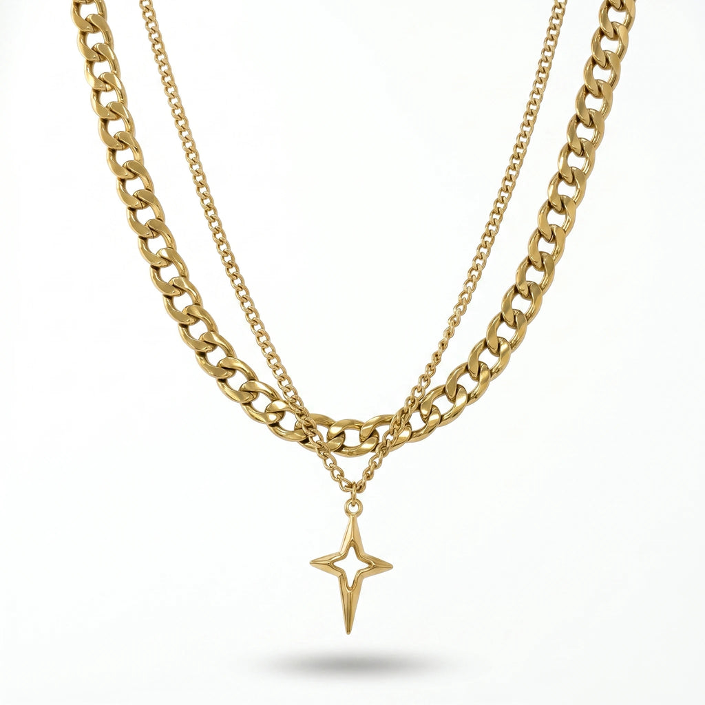 QIAOREN 11314 Edgy Layered Chunky Chain Hollow Star Pendant Necklace 18K Gold Plated Stainless Steel Waterproof Jewelry