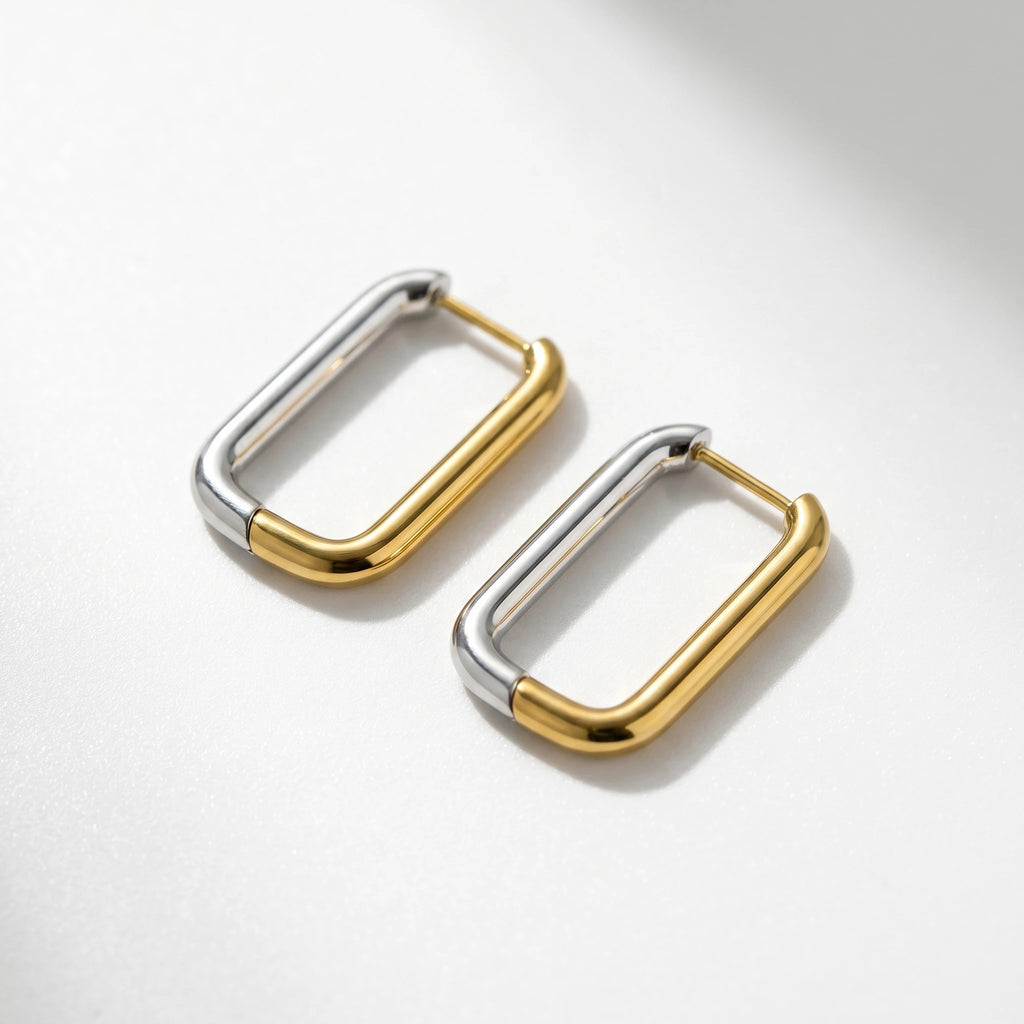 QIAOREN 12449  Elegant Quiet Luxury Two-Tone Geometric Frame Hoop Gold Silver Stainless Steel Statement Jewelry EU