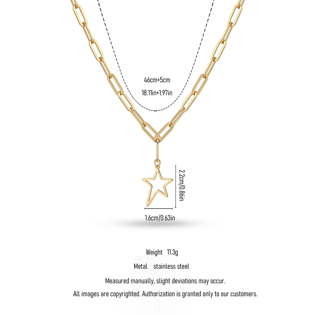 QIAOREN  11959 Gold Plated Stainless Steel Paperclip Chain Necklace Hollow Open Star Drop Pendant Dainty Daily Jewelry Gift