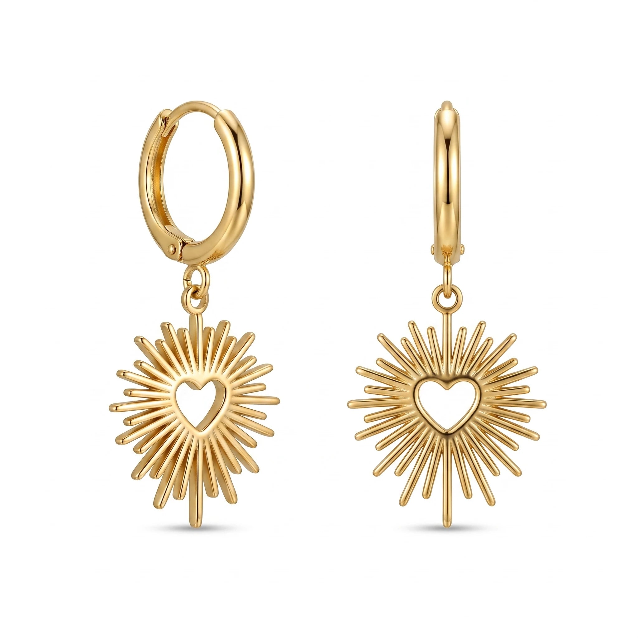 QIAOREN 10965 Romantic Heart Sunburst Earrings, 18K Gold Plated Stainless Steel Chic Statement Jewelry
