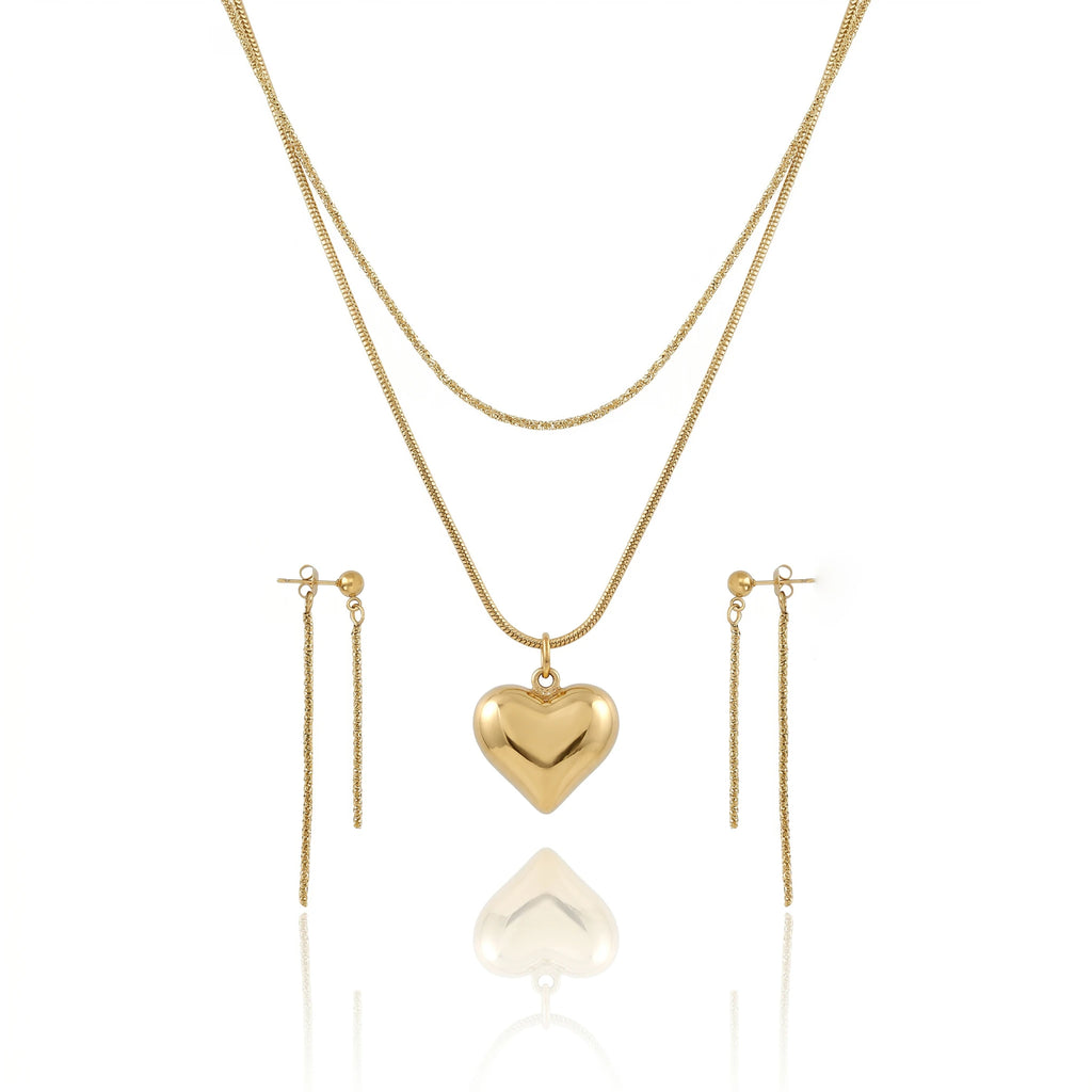 QIAOREN 12862 Waterproof Puffy Heart Necklace & Drop Earrings Set, Tarnish Free 18K Gold Plated Layered Jewelry for Women