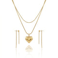 QIAOREN 12862 Waterproof Puffy Heart Necklace & Drop Earrings Set, Tarnish Free 18K Gold Plated Layered Jewelry for Women