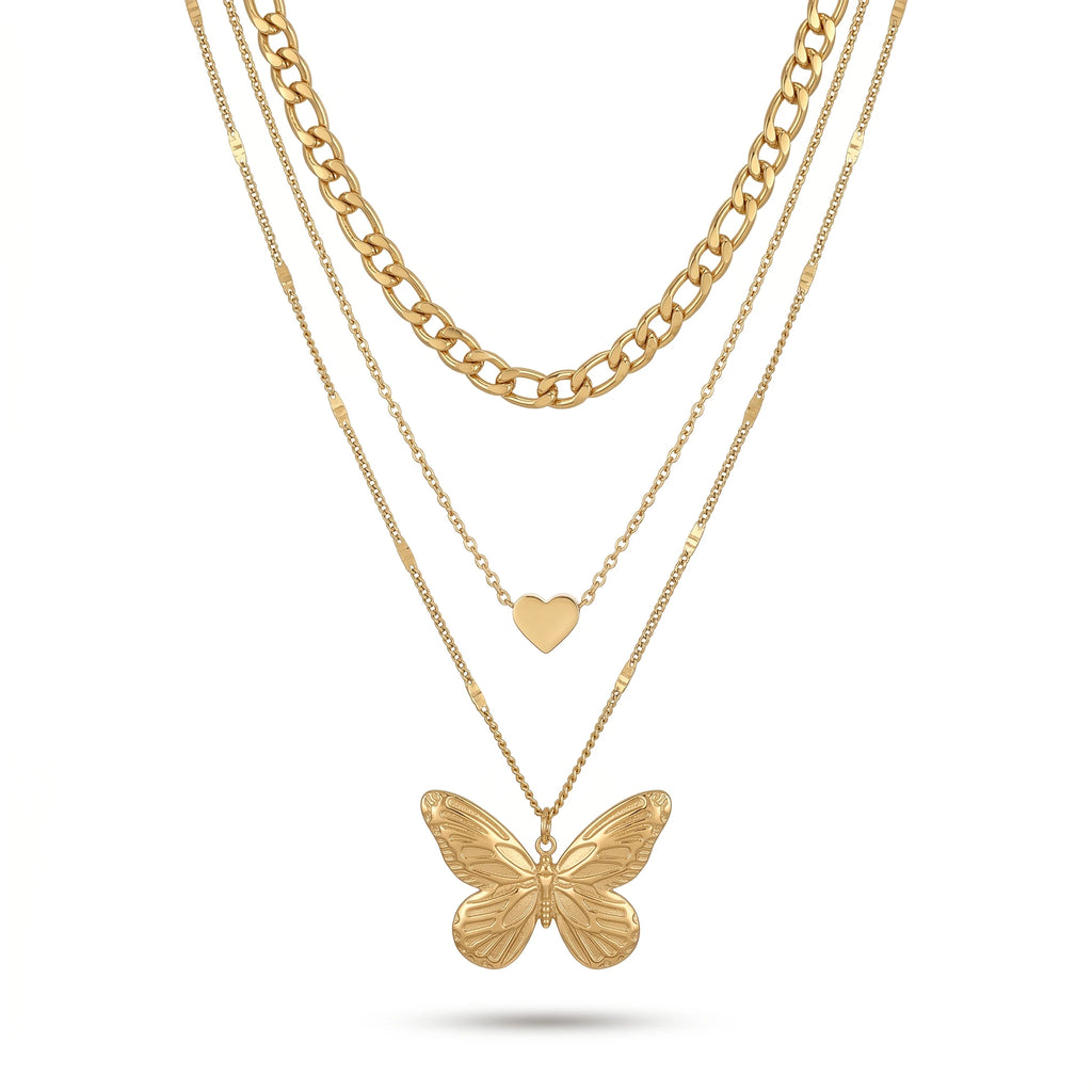 QIAOREN 11325 Dainty Chunky Figaro Chain Layered Necklace With Butterfly & Heart Charms 18K Gold Plated Stainless Steel