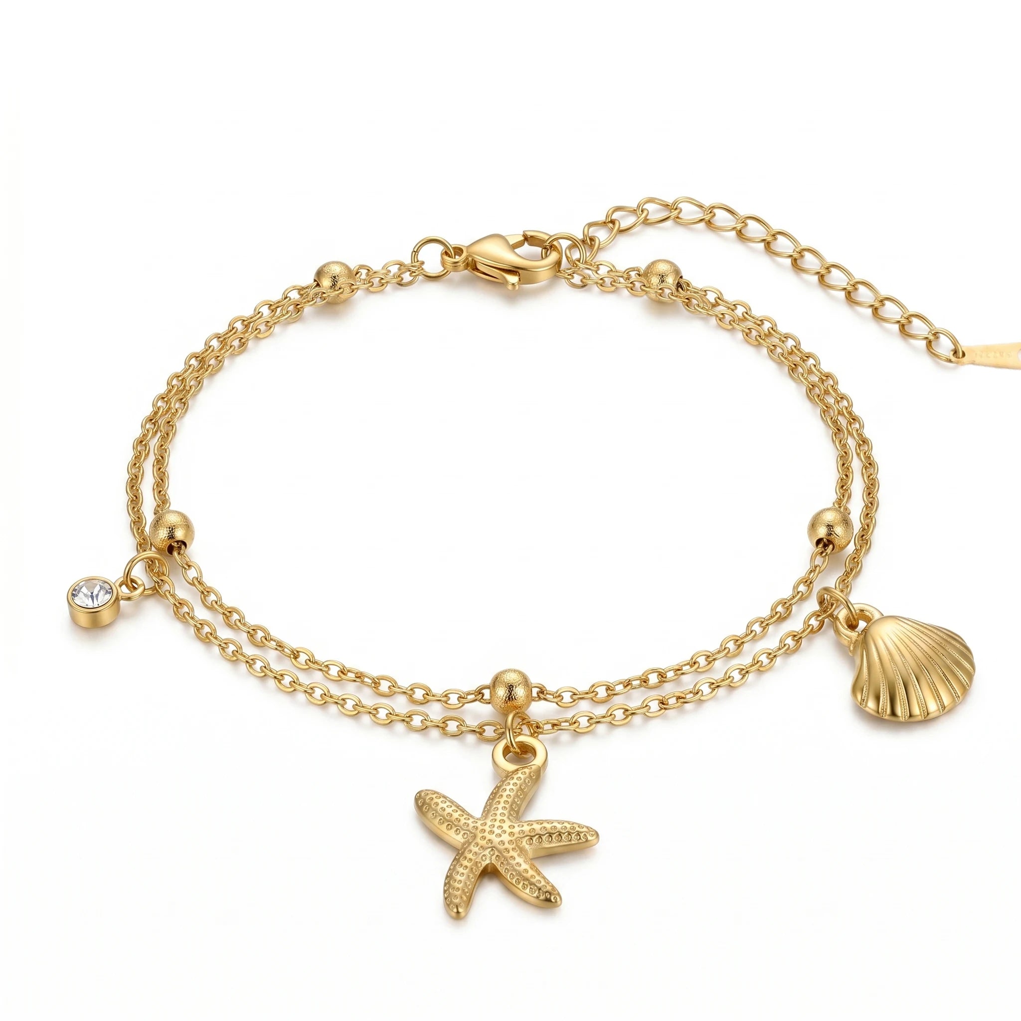 QIAOREN 11437 Dainty Boho Ocean Theme Bracelet With Starfish Seashell CZ Accent 18K Gold Plated Stainless Steel