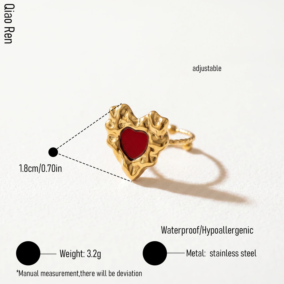 QIAOREN 14158-64 Multi-Color Enamel Heart Ring Set, Irregular Textured Love Shape Adjustable Ring Jewelry Gift for Daily Outfits