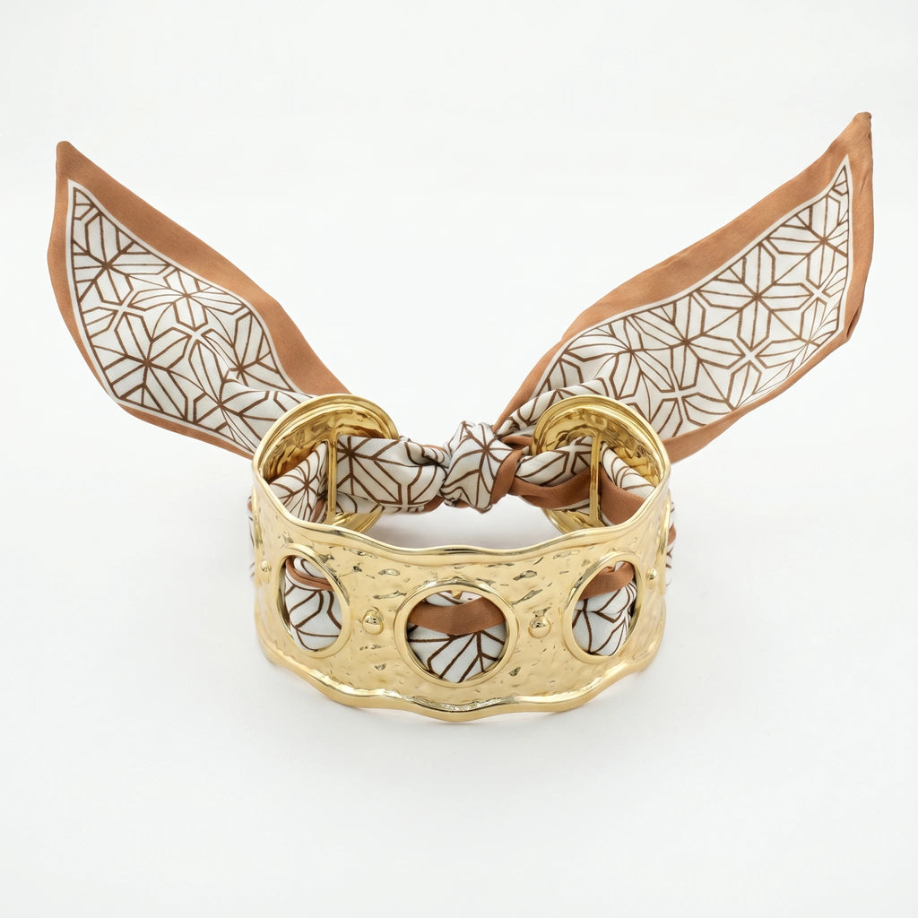 QIAOREN 10999 Luxury Hollow Wide Cuff Bracelet Stainless Steel Silk Ribbon Wrap Bangle for Women Summer Vacation Style