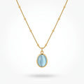 QIAOREN 13477 Dainty Beaded Snake Chain Oval Light Blue Cat Eye Pendant Necklace, Minimalist Cool Tone Necklace