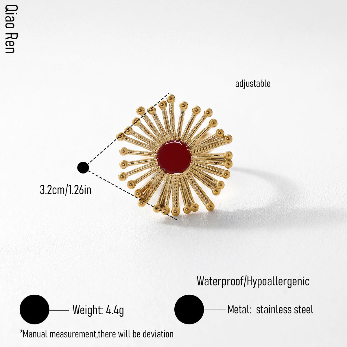 QIAOREN 14202-06 Burgundy Enamel Sunburst Open Ring Set, Vintage Carved Oval Adjustable Stackable Ring Jewelry Gift