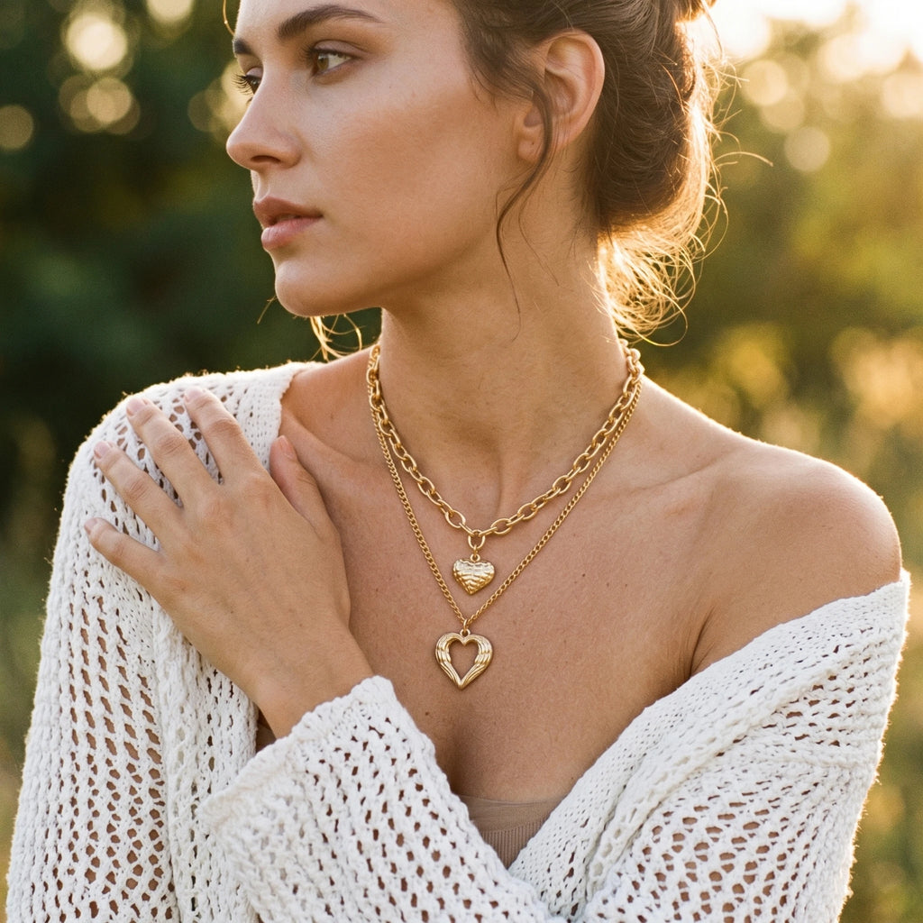 QIAOREN 11505 Stainless Steel Double Layer Heart Necklace Wing Hollow Heart Pendant Adjustable Gold Stack Jewelry for Women