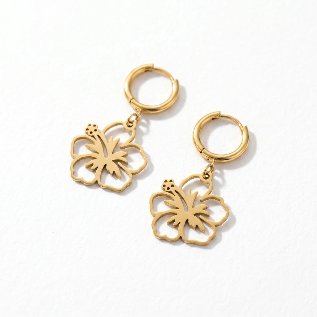 QIAOREN 10945 Hypoallergenic Stainless Steel Vintage Hollow Flower Earrings 18K Gold Plated Waterproof Tarnish Resistant Hoops