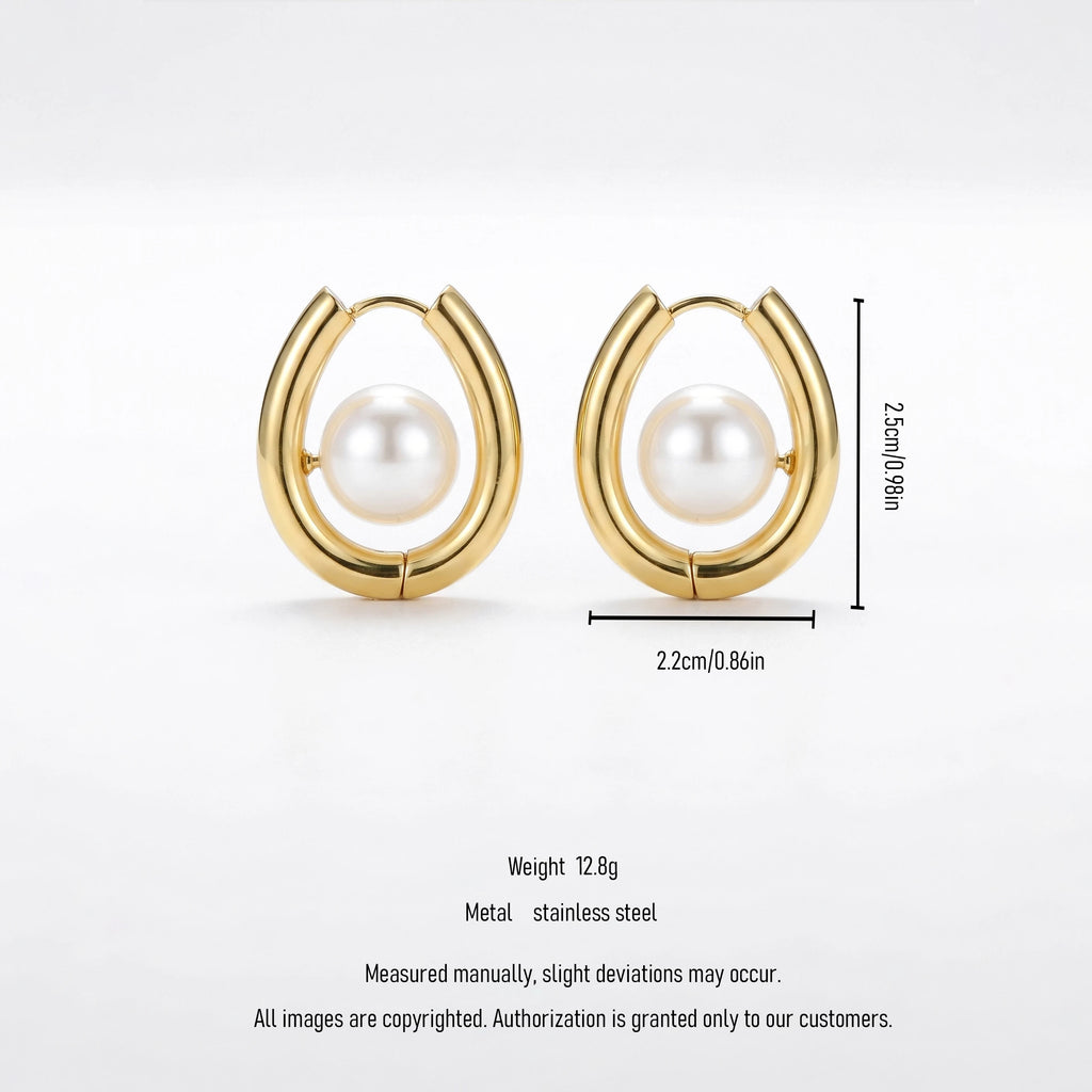 QIAOREN 12531 Modern Pearl U Hoop Earrings Gold Stainless Steel Centered Pearl Bold Horseshoe Hoops Women US EU