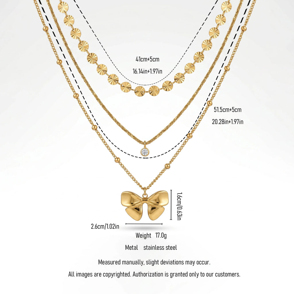 QIAOREN 12139 Ins Dainty Three Layer Stainless Steel Choker Gold Bow Charm Round Zircon & Textured Disc Chain Ladies Accessory