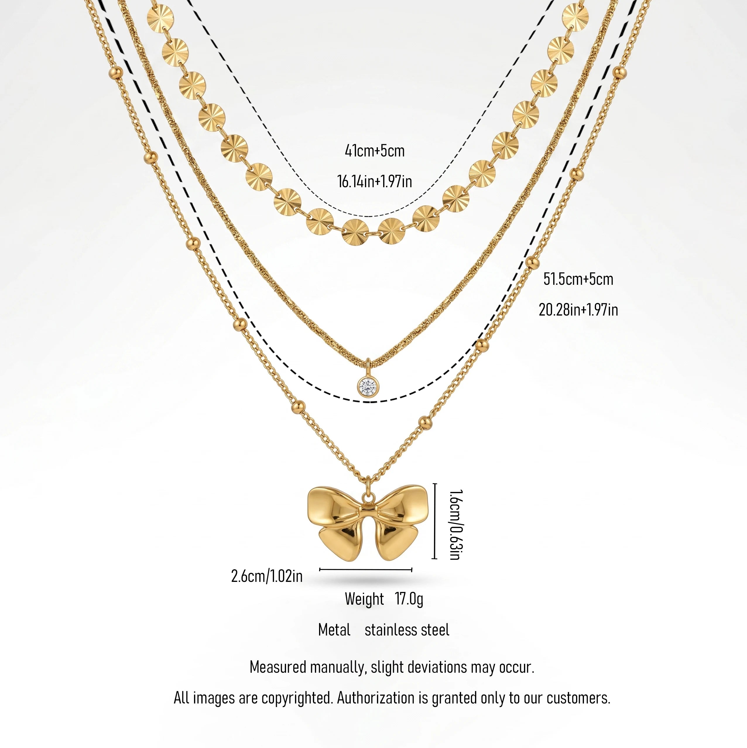 QIAOREN 12139 Ins Dainty Three Layer Stainless Steel Choker Gold Bow Charm Round Zircon & Textured Disc Chain Ladies Accessory
