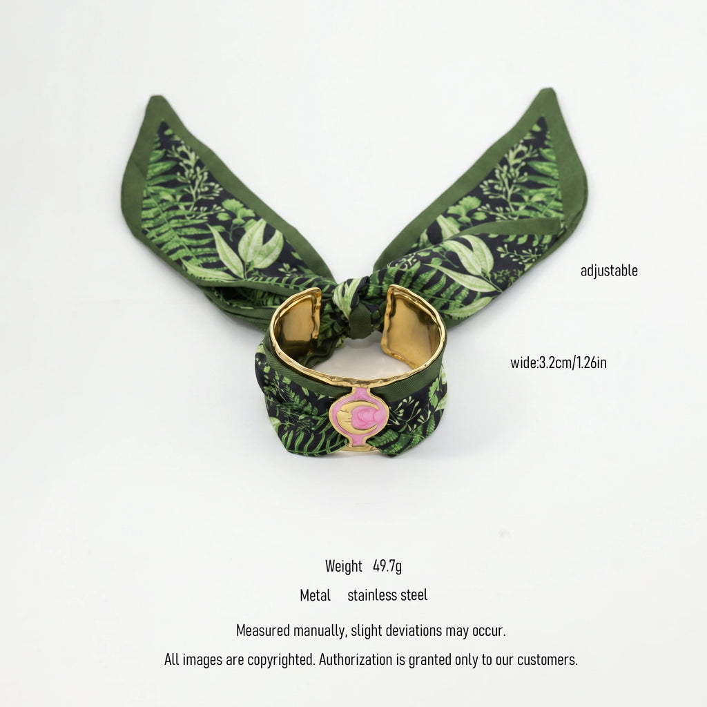 QIAOREN 11005 Tropical Leaf Print Scarf Bracelet Gold Stainless Steel Adjustable Cuff Beach Vacation Jewelry for Women