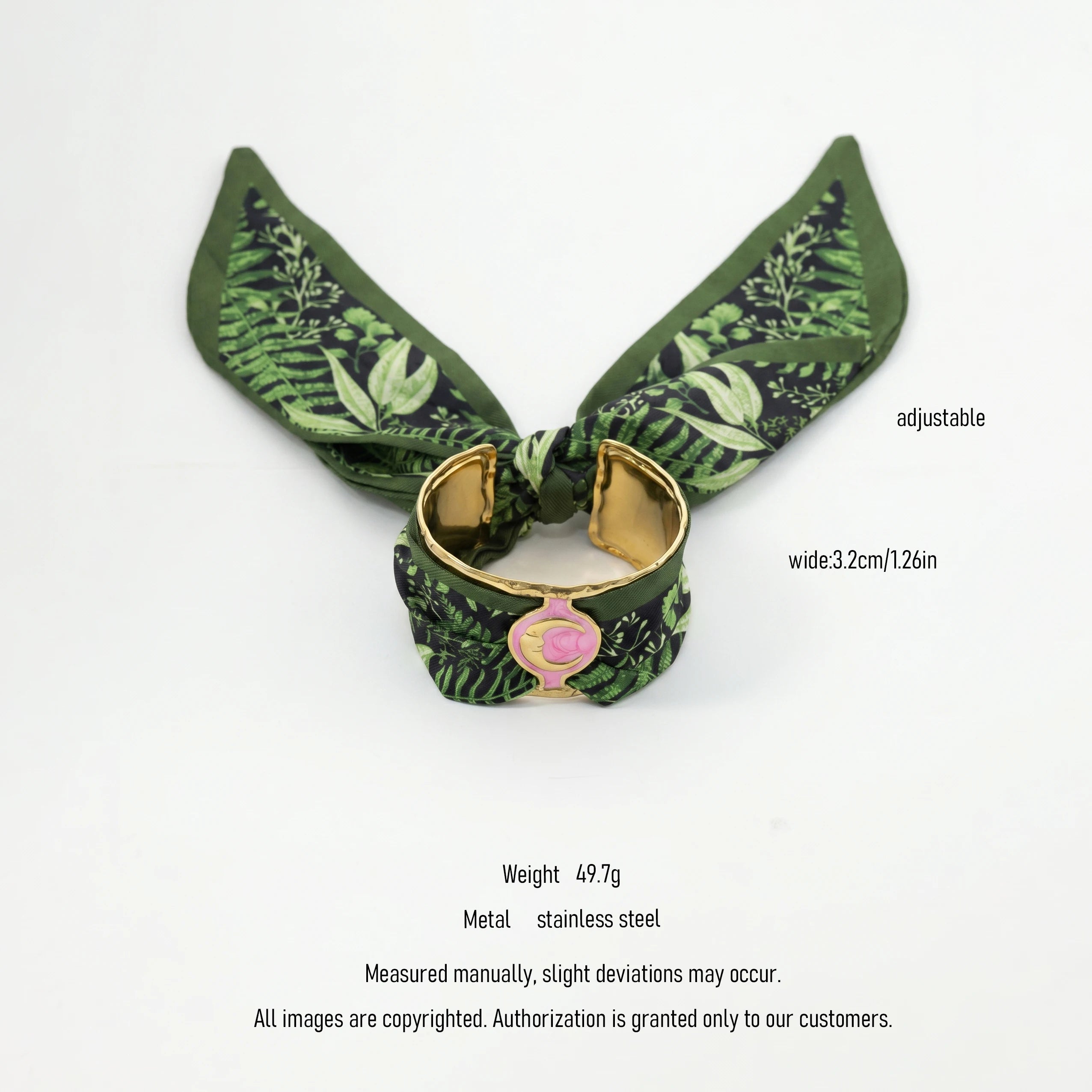 QIAOREN 11005 Tropical Leaf Print Scarf Bracelet Gold Stainless Steel Adjustable Cuff Beach Vacation Jewelry for Women