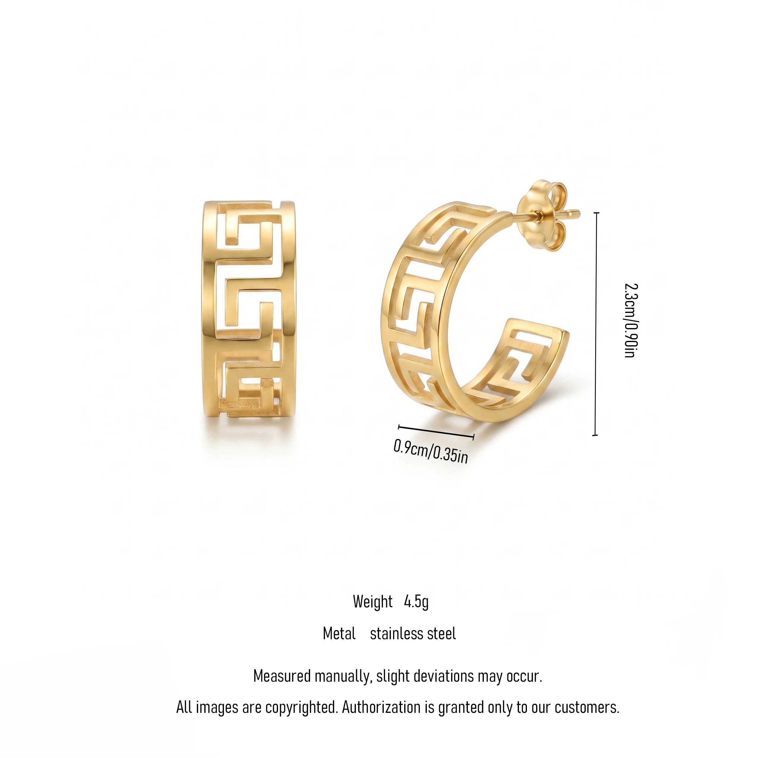 QIAOREN 13445 Gold Tone Hollow Greek Key C Shape Stud Earrings Classic Geometric Cut Out Half Circle Ear Jewelry Gift