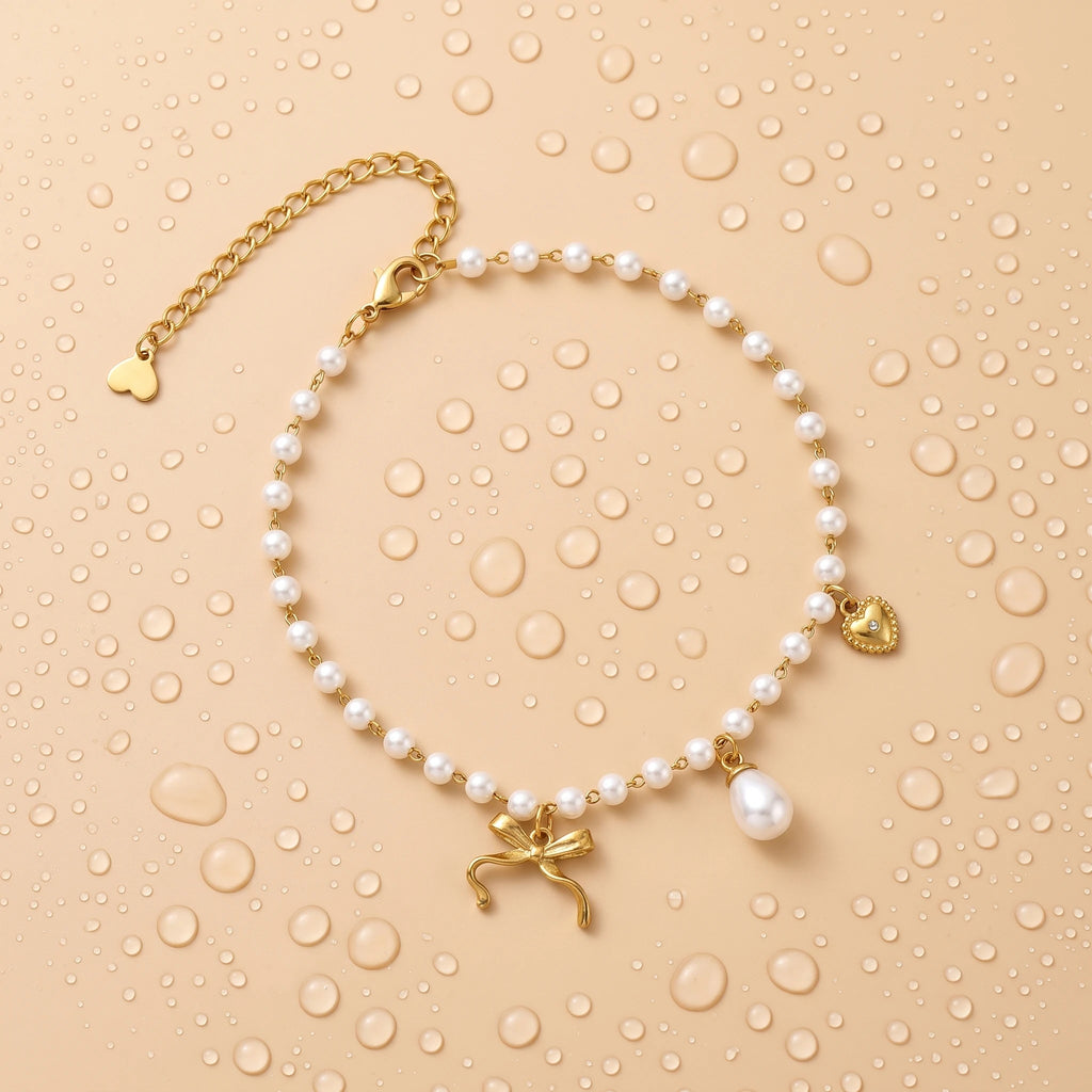 QIAOREN 13325 Dainty Pearl Anklet with Bow, Teardrop Pearl & Rhinestone Heart Charms, Elegant Sweet Foot Jewelry Gift
