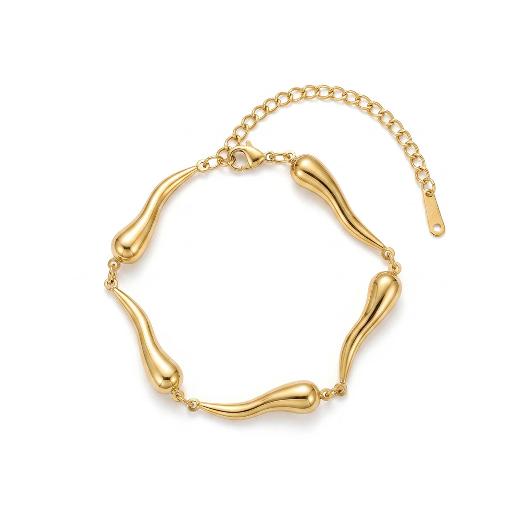QIAOREN 12027  Gold Plated Stainless Steel Teardrop Tube Link Bracelet Polished Curved Bead Chain Adjustable Extension Jewelry