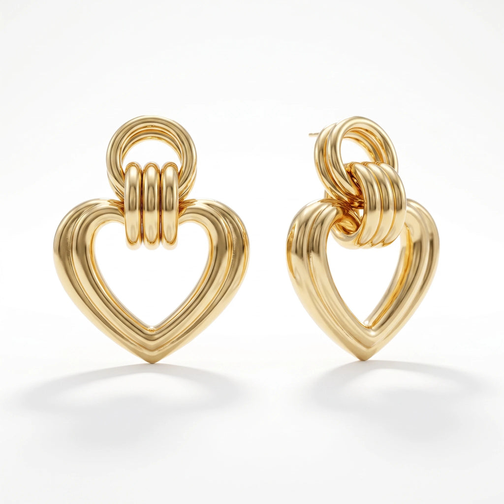 QIAOREN 14540 Open Heart Interlocking Drop Stud Earrings, Grooved Hollow Heart Gold Metal Hypoallergenic Jewelry Gift