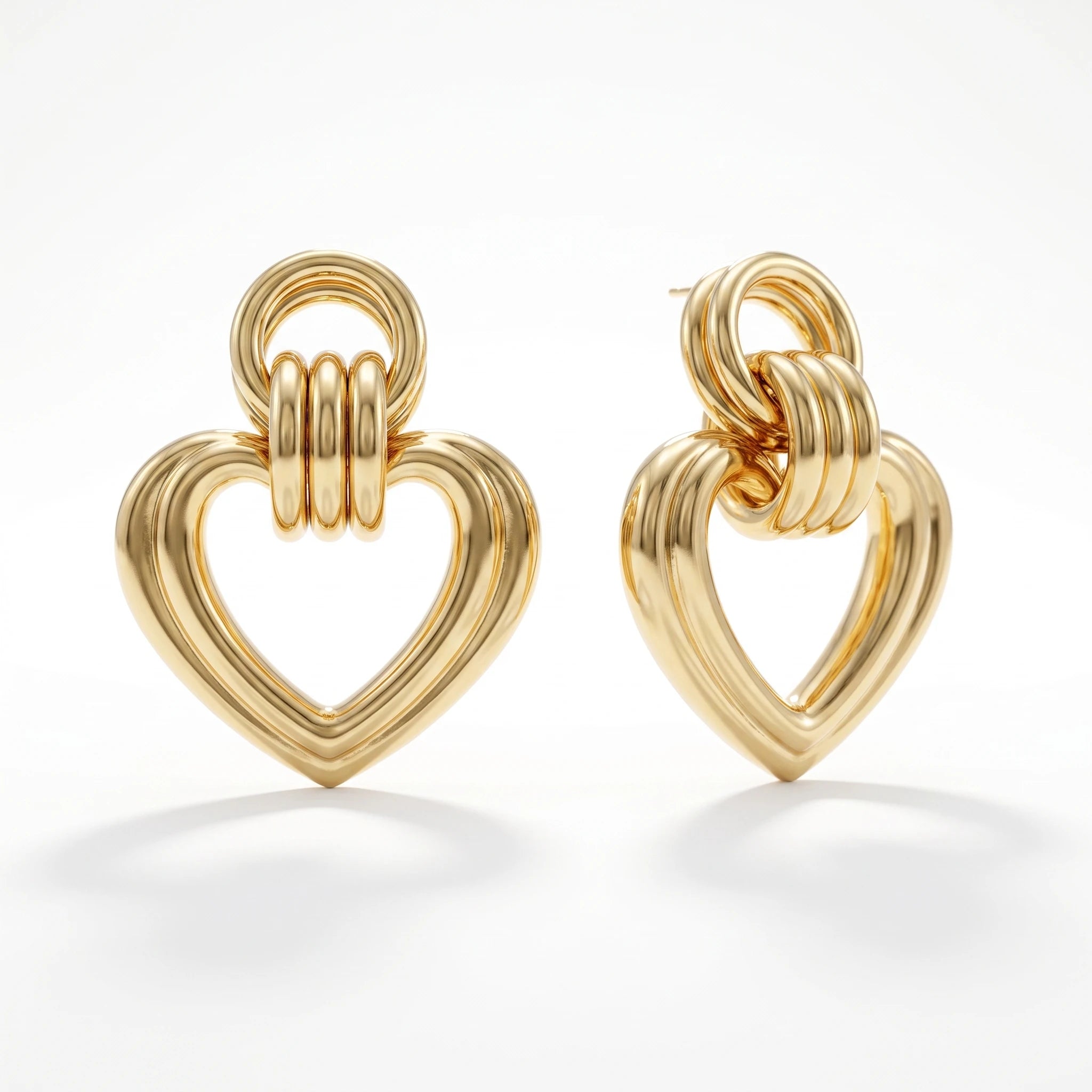 QIAOREN 14540 Open Heart Interlocking Drop Stud Earrings, Grooved Hollow Heart Gold Metal Hypoallergenic Jewelry Gift