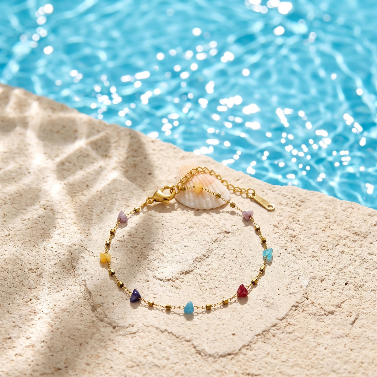 QIAOREN 13357 Gold Plated Stainless Steel Natural Stone Chip Bracelet Multicolor Gemstone Dainty Jewelry for Women