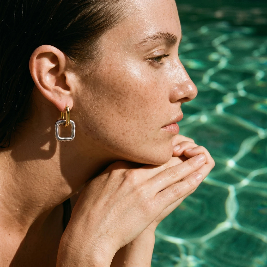 QIAOREN 12758 Waterproof Bi-Color Coiled Square Dangle Earrings Stainless Steel Gold Hoop Silver Textured Drop Ear Accessory