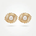 QIAOREN 12261 Elegant Baroque Pearl Galaxy Swirl Earrings Gold Stainless Steel Etched Openwork Studs Statement Jewelry Gift EU