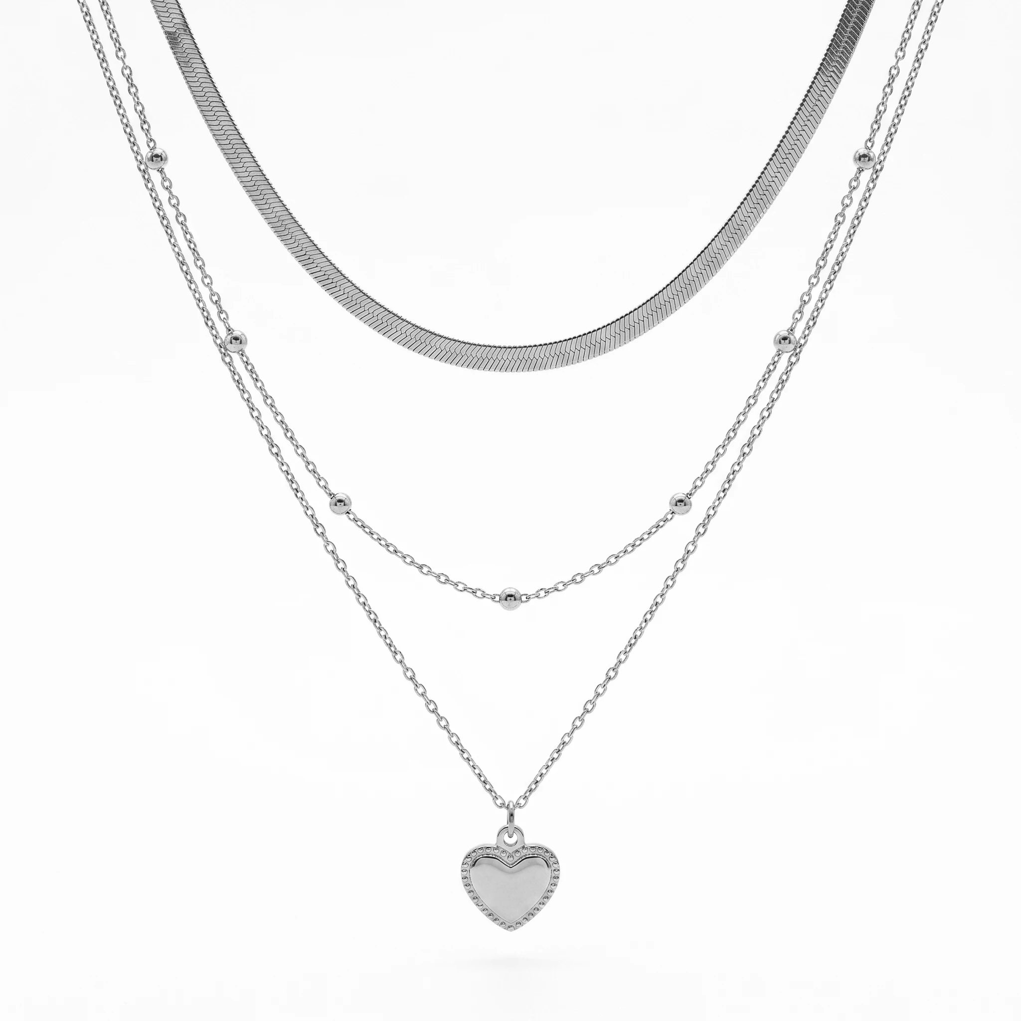 QIAOREN 12852 18K Gold Plated Layered Heart Necklace, Herringbone Snake Chain Beaded Pendant, Waterproof Stainless Steel Jewelry