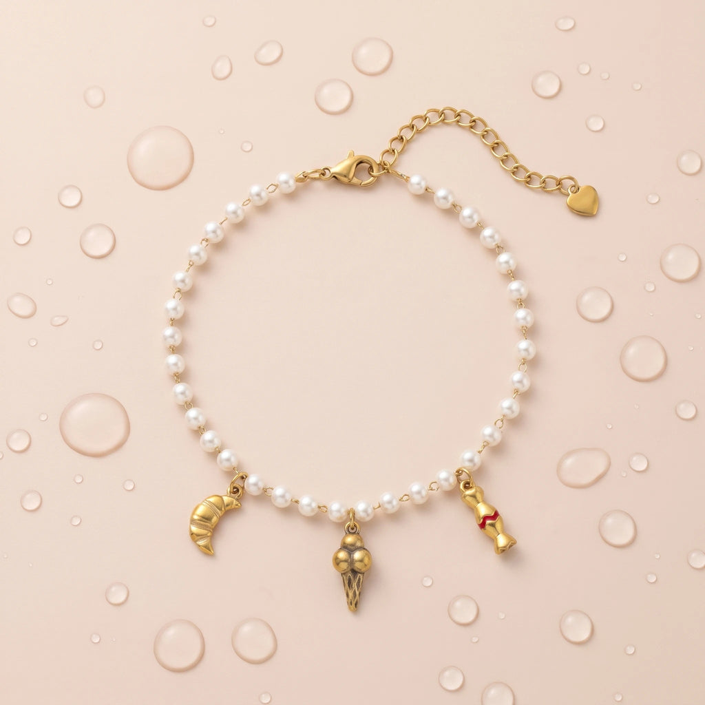 QIAOREN 13310 Pearl Beaded Anklet Gold Stainless Steel Ice-cream Candy Bread Charms Extender Dainty Summer Jewelry Gift